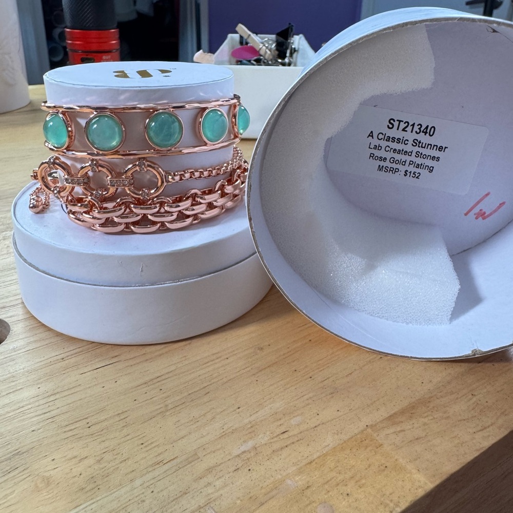 Rose Gold Bracelet Set with Mint Green Accents